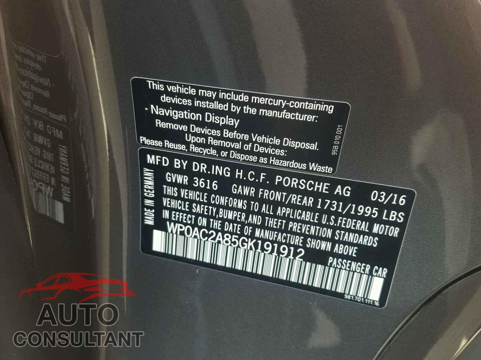PORSCHE CAYMAN 2016 - WP0AC2A85GK191912