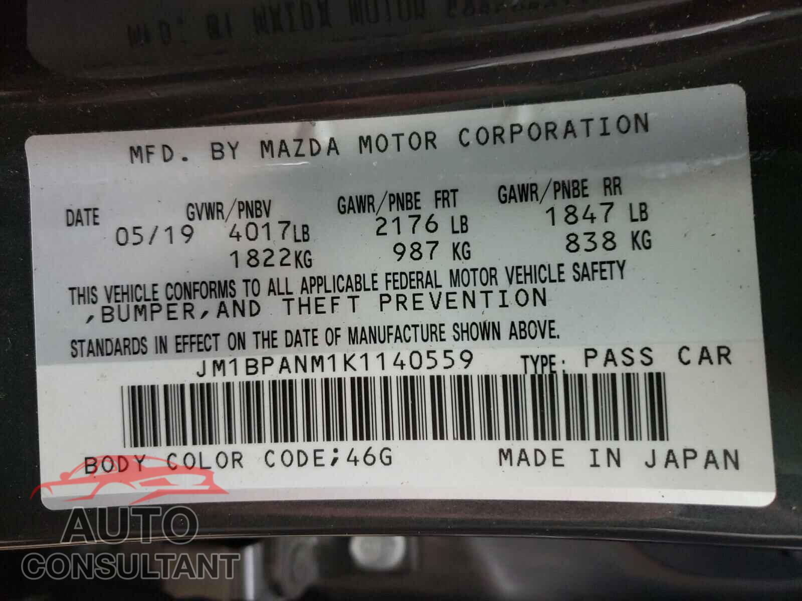 MAZDA 3 2019 - JM1BPANM1K1140559