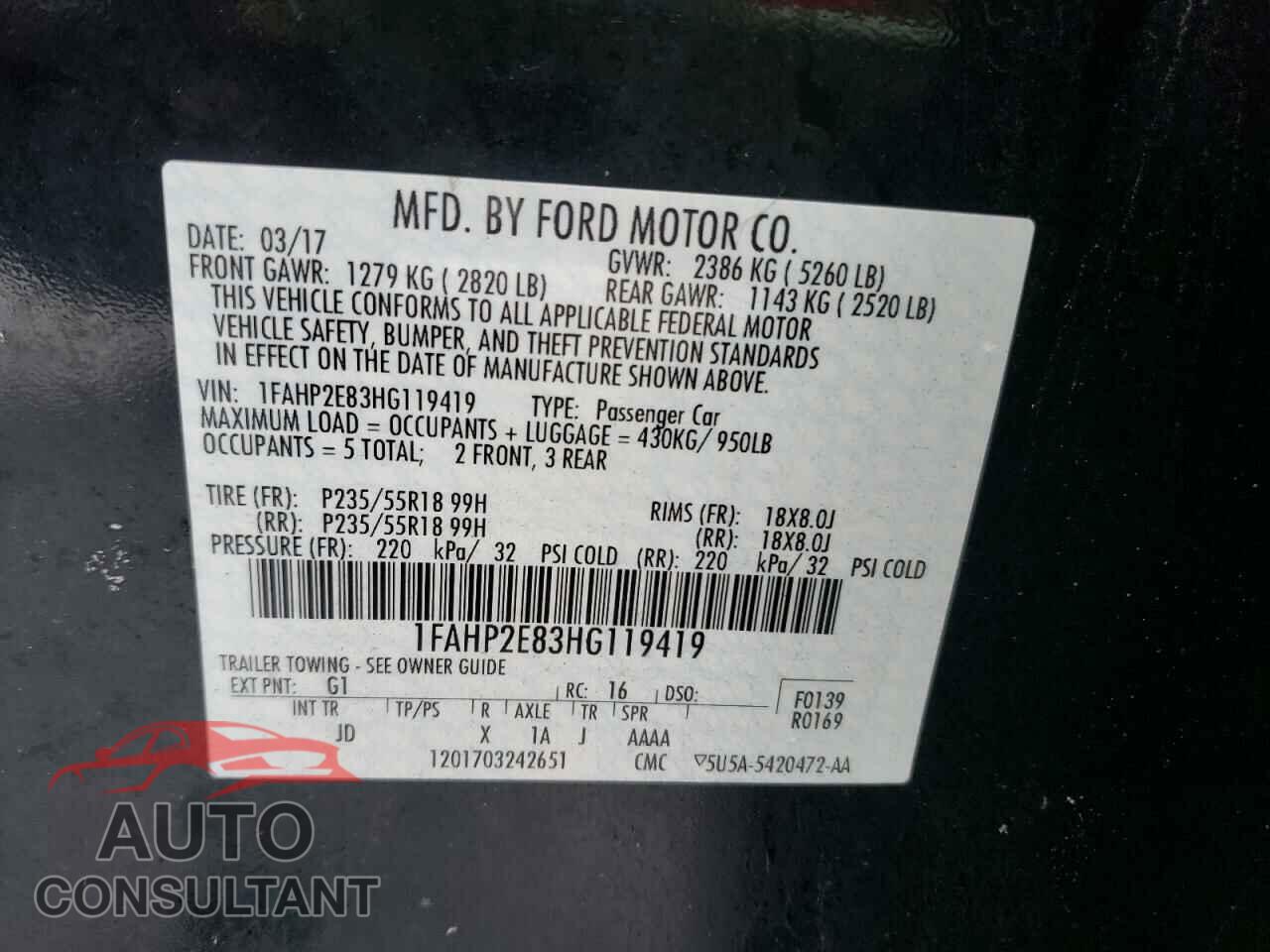 FORD TAURUS 2017 - 1FAHP2E83HG119419