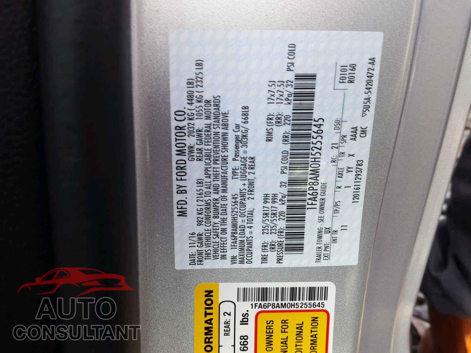 FORD MUSTANG 2017 - 1FA6P8AM0H5255645