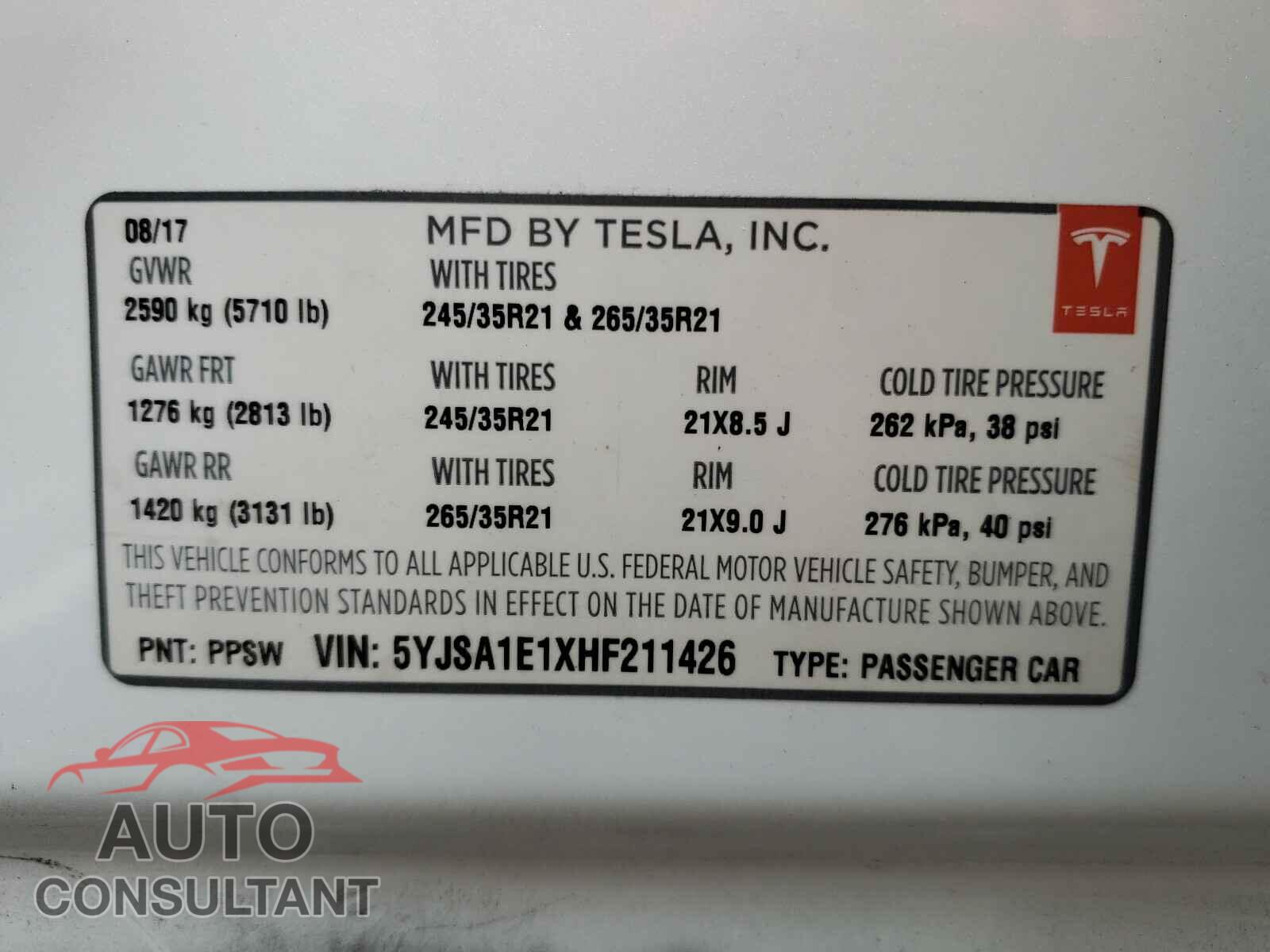 TESLA MODEL S 2017 - 5YJSA1E1XHF211426