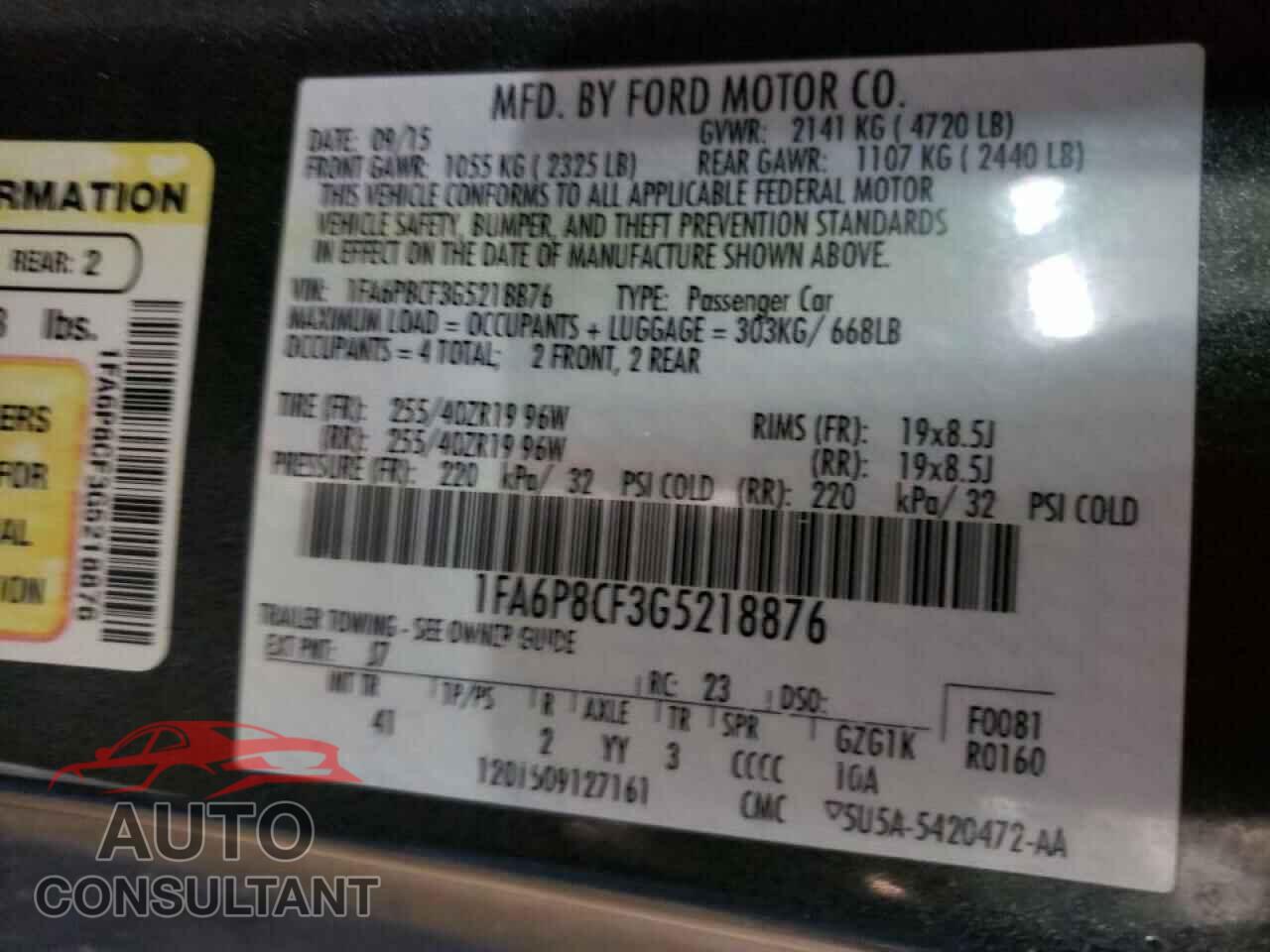 FORD MUSTANG 2016 - 1FA6P8CF3G5218876