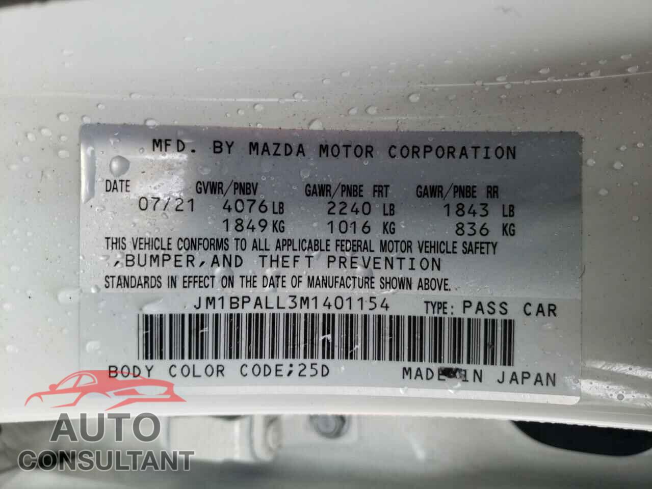 MAZDA 3 2021 - JM1BPALL3M1401154
