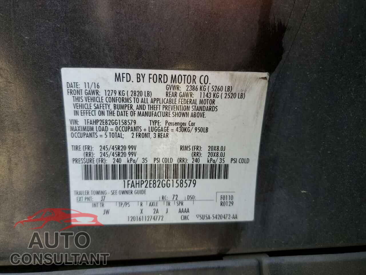 FORD TAURUS 2016 - 1FAHP2E82GG158579