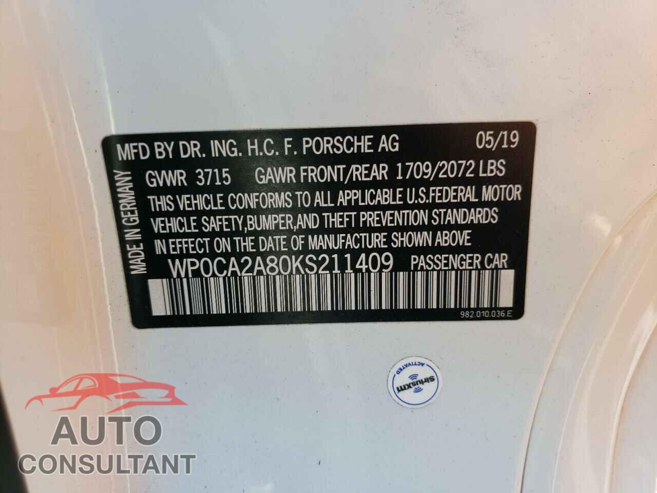 PORSCHE BOXSTER 2019 - WP0CA2A80KS211409