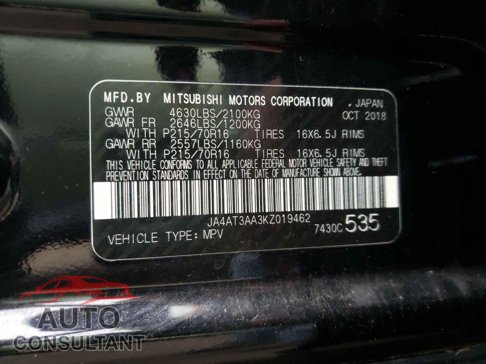 MITSUBISHI ECLIPSE 2019 - JA4AT3AA3KZ019462