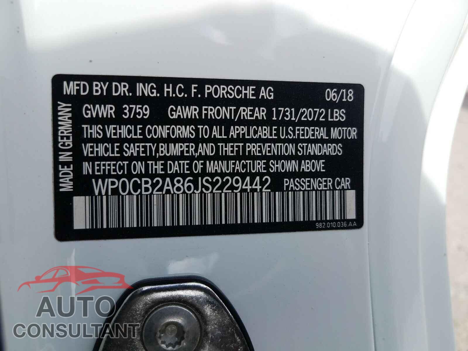 PORSCHE BOXSTER 2018 - WP0CB2A86JS229442