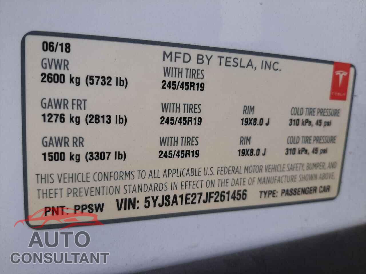 TESLA MODEL S 2018 - 5YJSA1E27JF261456
