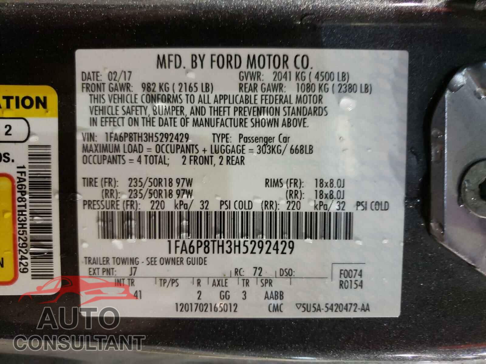 FORD MUSTANG 2017 - 1FA6P8TH3H5292429