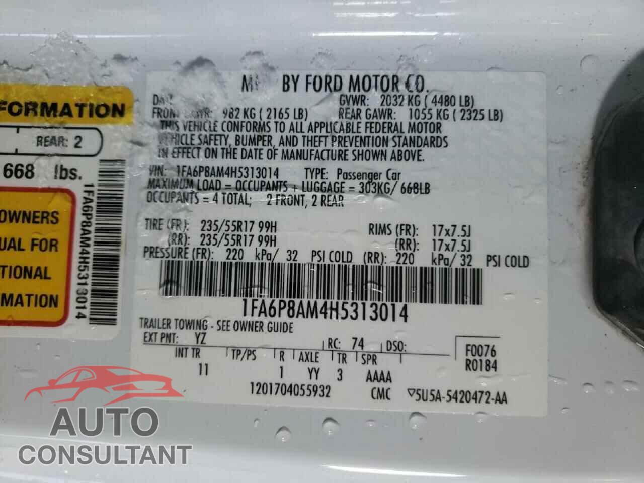 FORD MUSTANG 2017 - 1FA6P8AM4H5313014