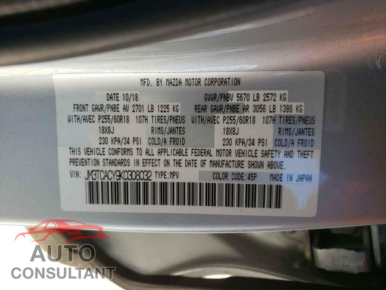 MAZDA CX-9 2019 - JM3TCACY9K0308032