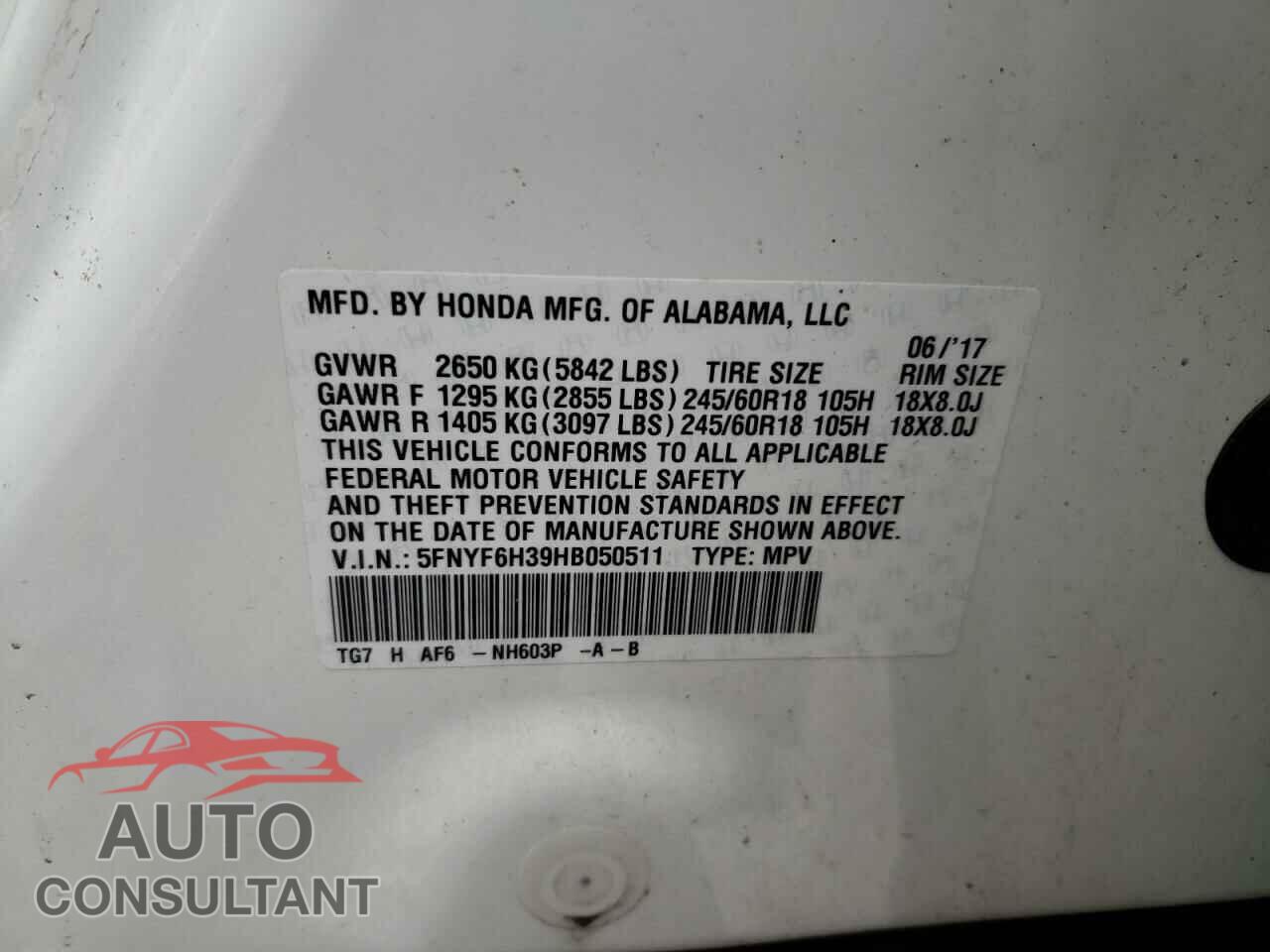 HONDA PILOT 2017 - 5FNYF6H39HB050511