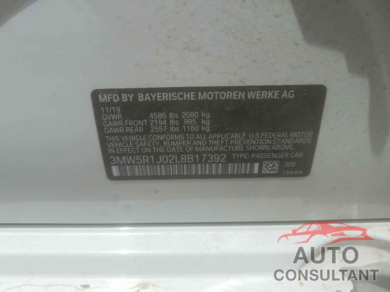 BMW 3 SERIES 2020 - 3MW5R1J02L8B17392