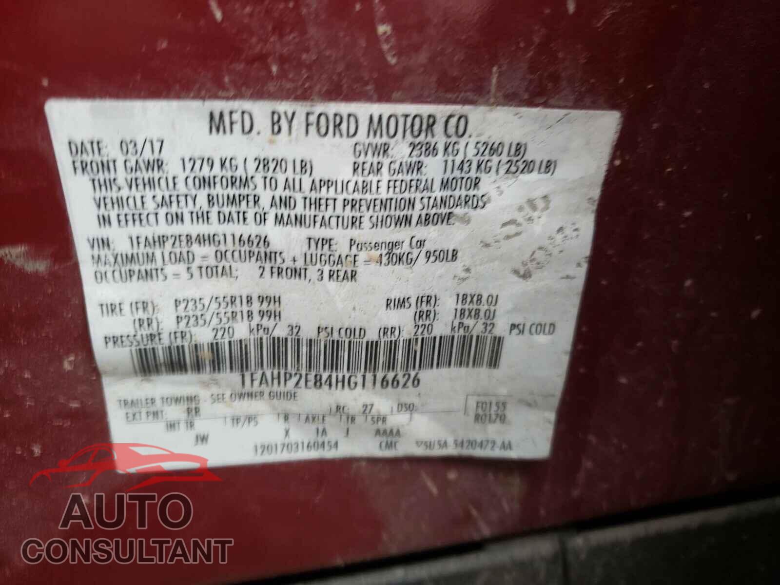 FORD TAURUS 2017 - 1FAHP2E84HG116626