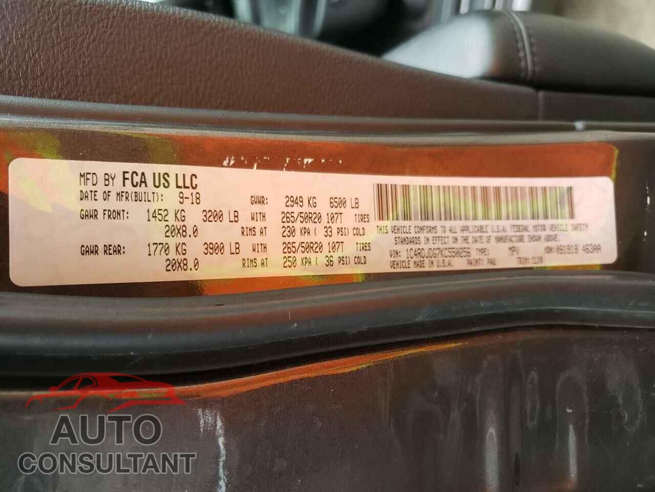 DODGE DURANGO 2019 - 1C4RDJDG7KC550256