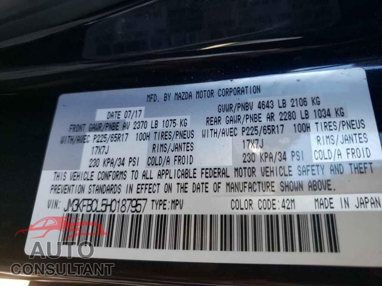 MAZDA CX-5 2017 - JM3KFBCL5H0187957