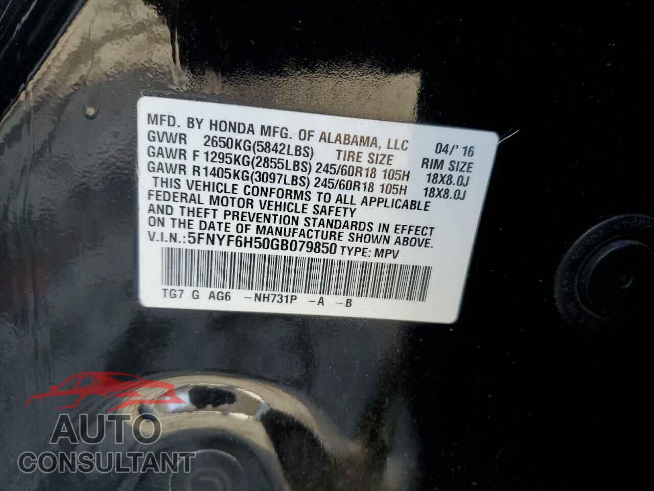 HONDA PILOT 2016 - 5FNYF6H50GB079850