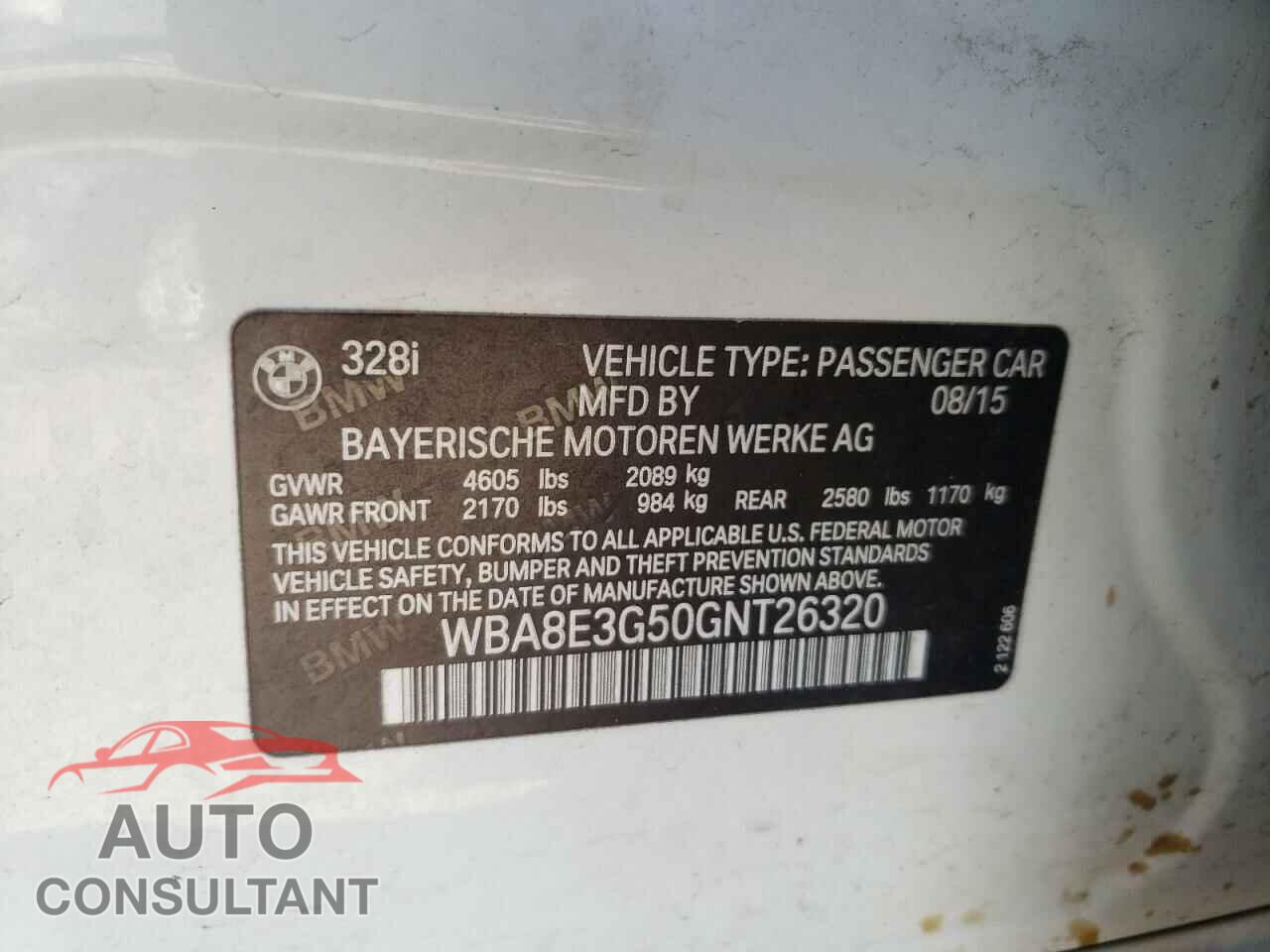 BMW 3 SERIES 2016 - WBA8E3G50GNT26320