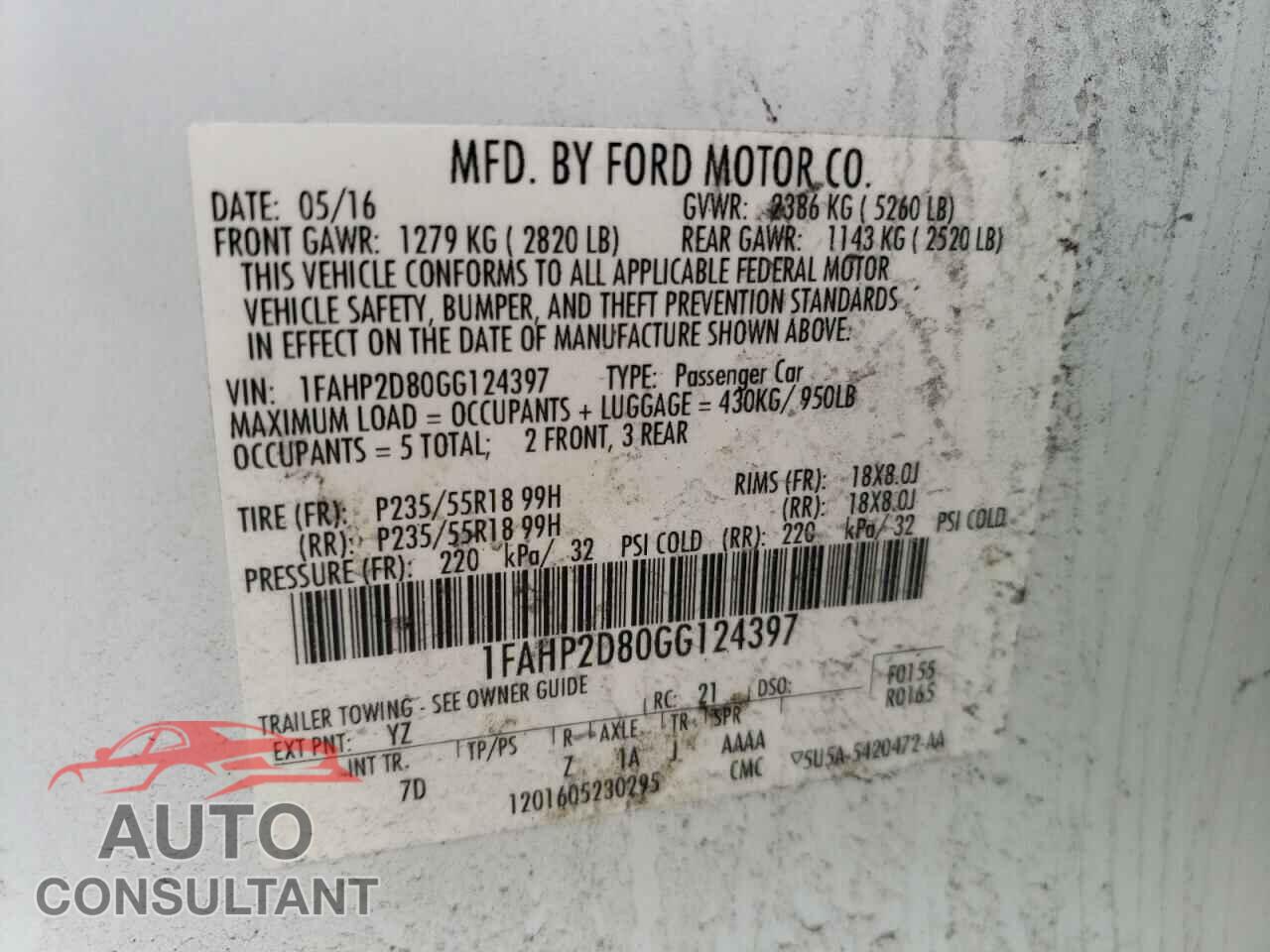 FORD TAURUS 2016 - 1FAHP2D80GG124397