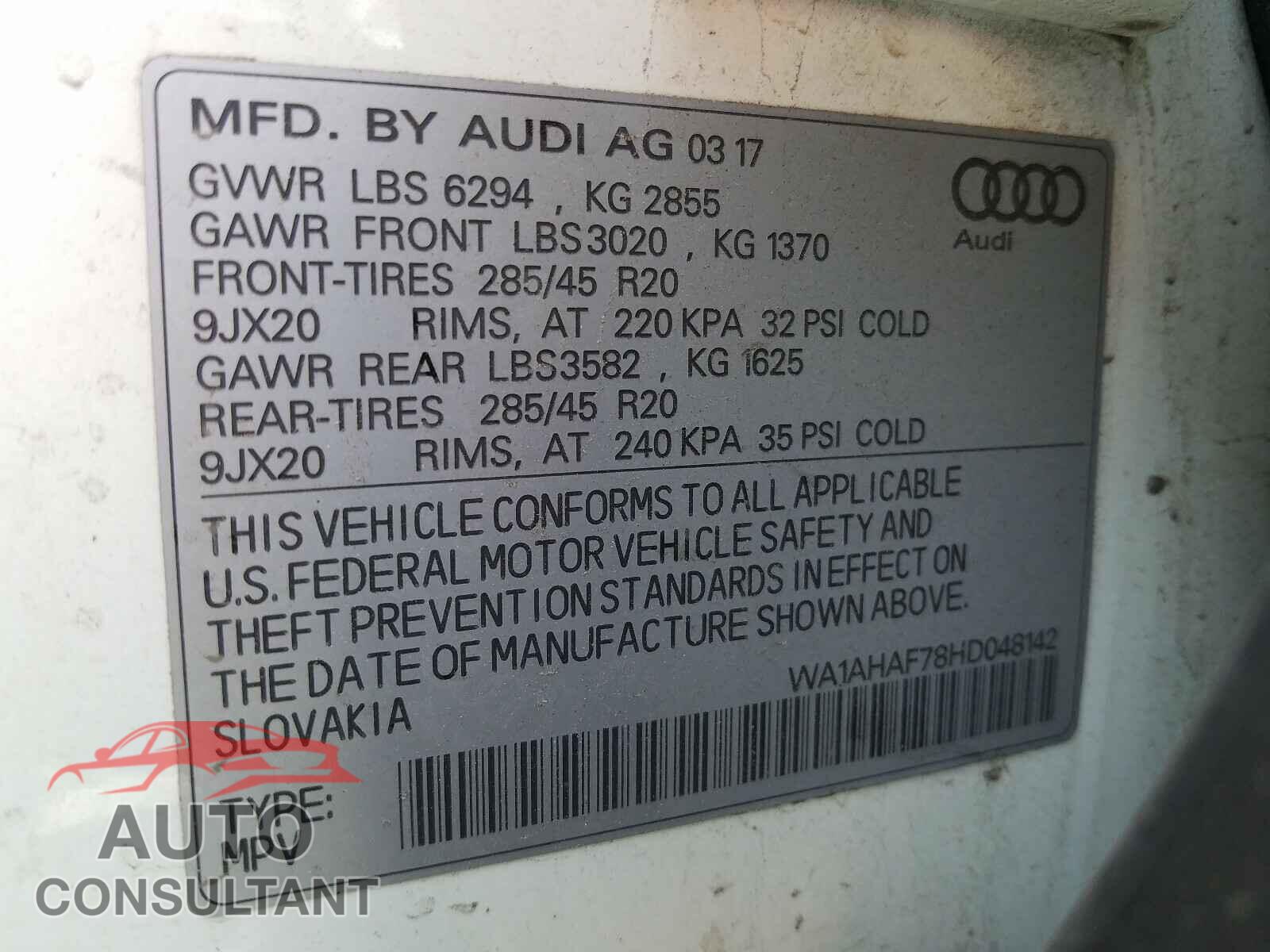 AUDI Q7 2017 - WA1AHAF78HD048142
