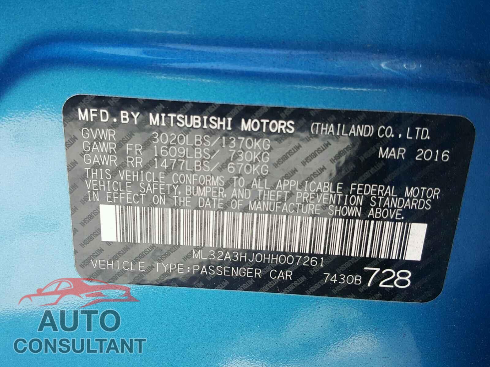 MITSUBISHI MIRAGE 2017 - ML32A3HJ0HH007261
