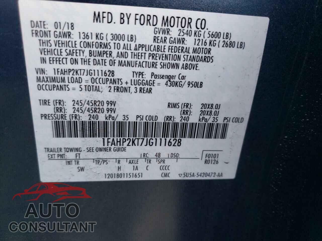 FORD TAURUS 2018 - 1FAHP2KT7JG111628