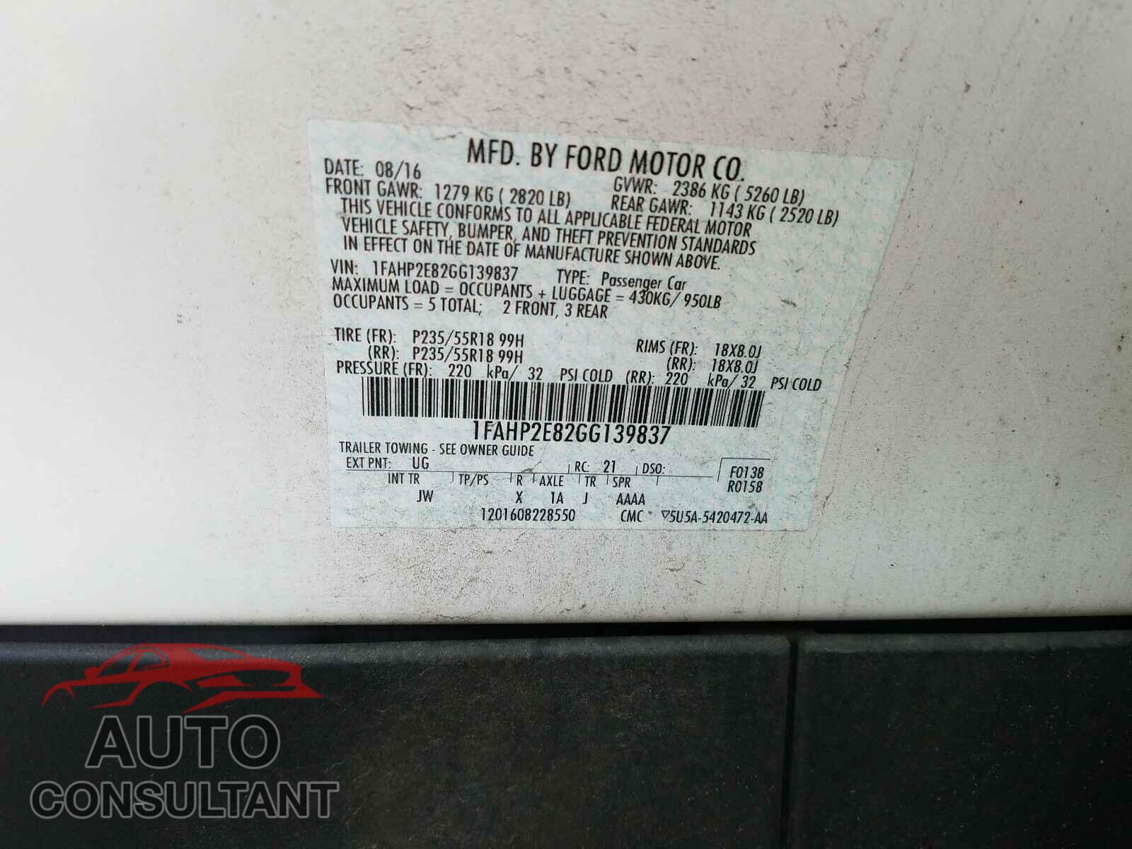 FORD TAURUS 2016 - 1FAHP2E82GG139837