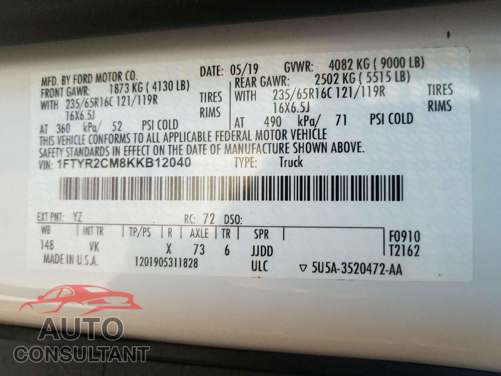 FORD TRANSIT CO 2019 - 1FTYR2CM8KKB12040