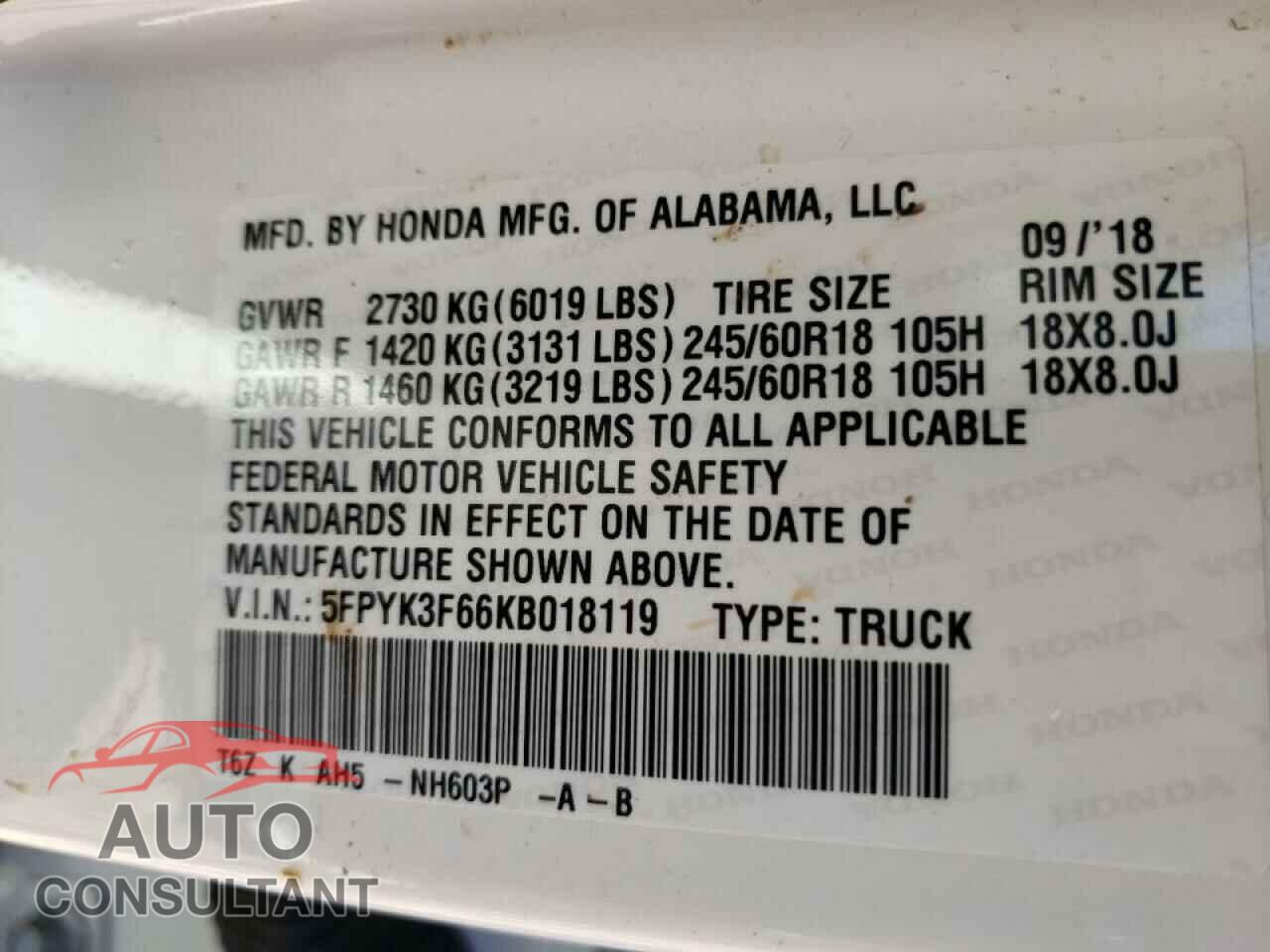 HONDA RIDGELINE 2019 - 5FPYK3F66KB018119
