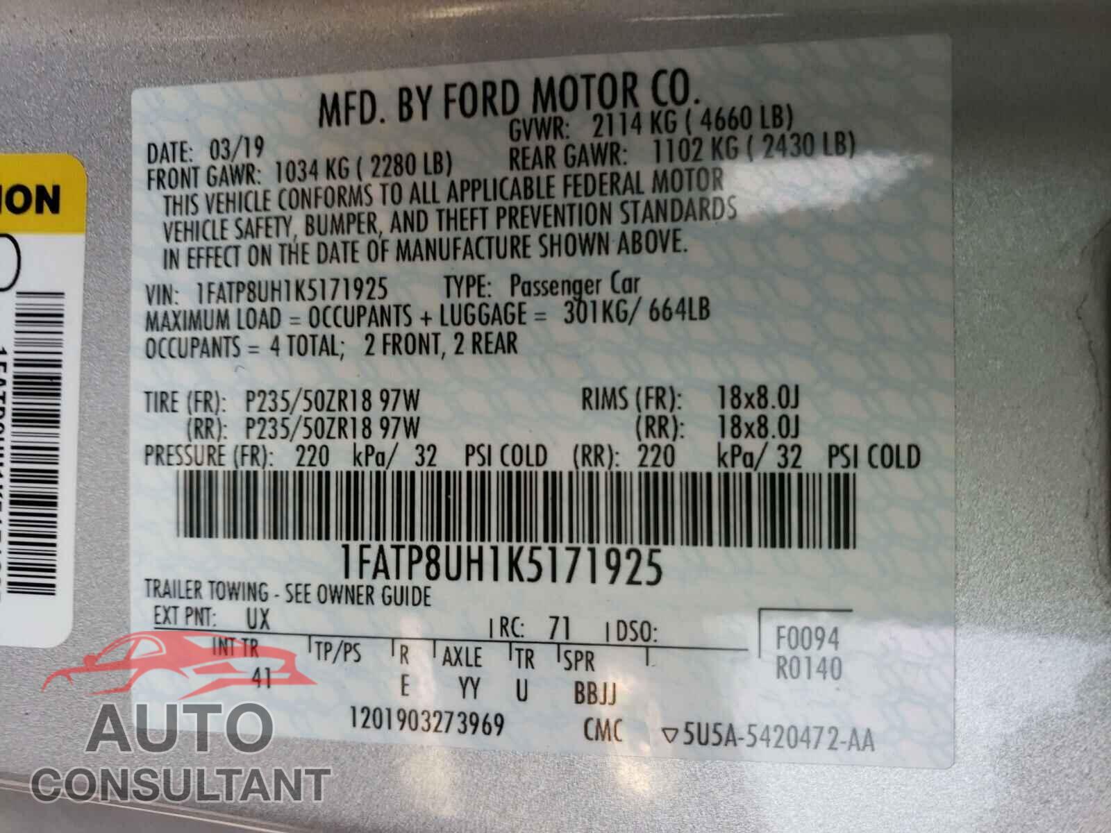 FORD MUSTANG 2019 - 1FATP8UH1K5171925