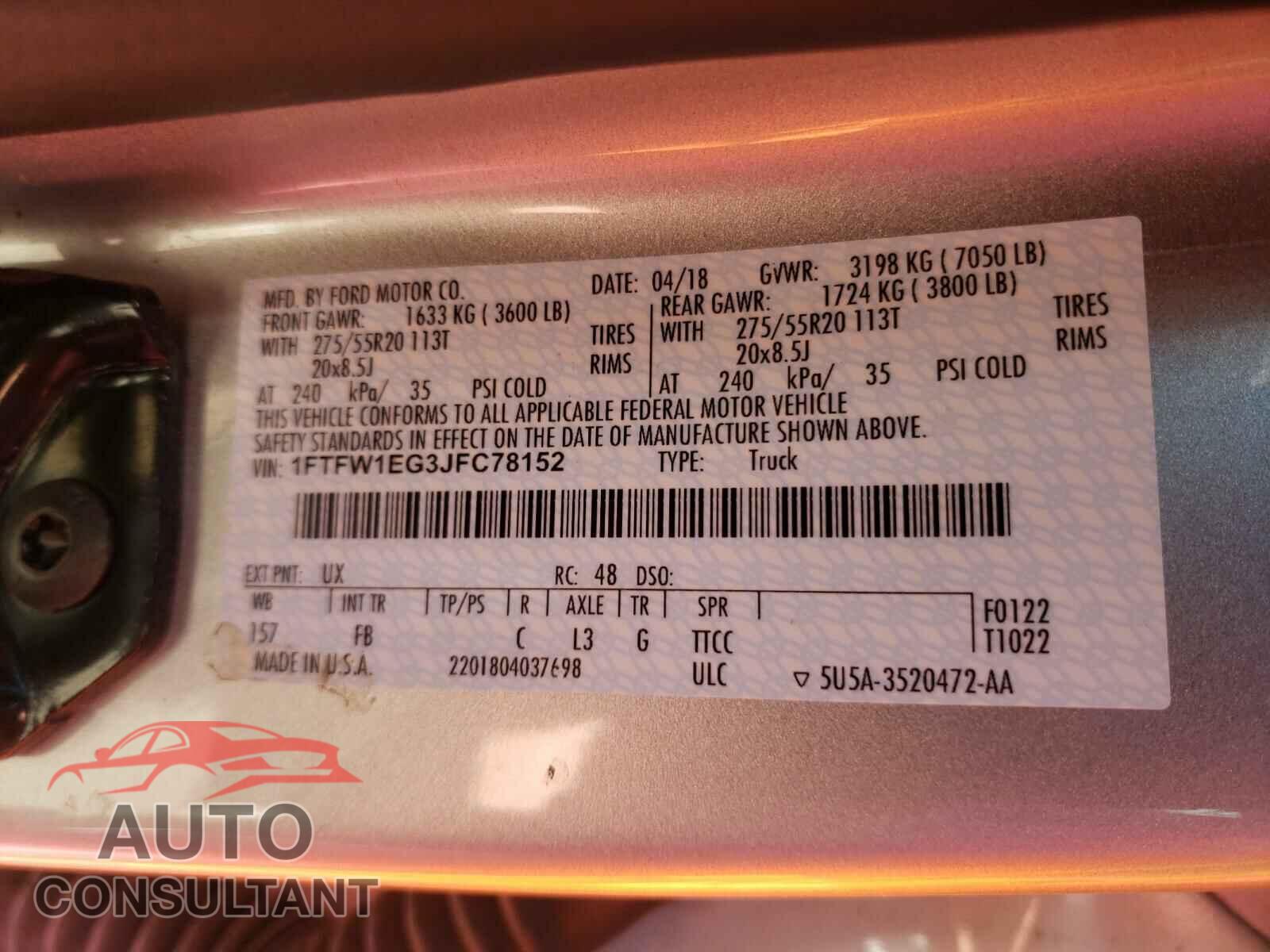 FORD F150 2018 - 1FTFW1EG3JFC78152