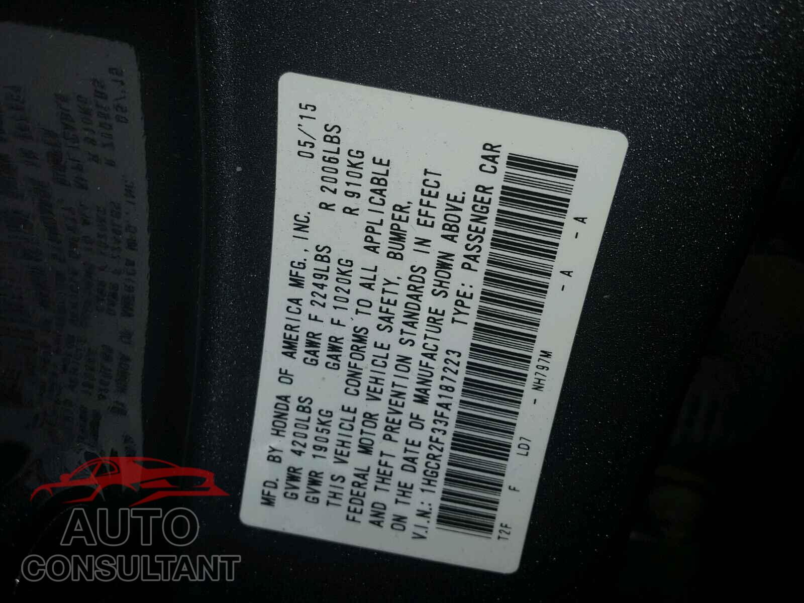 HONDA ACCORD LX 2015 - 1HGCR2F33FA187223