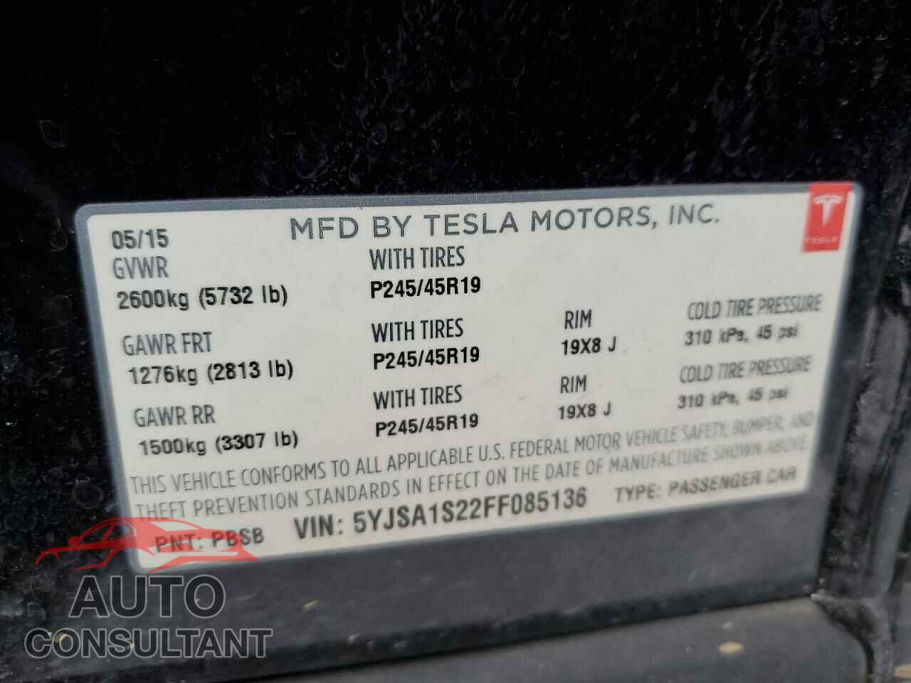 TESLA MODEL S 2015 - 5YJSA1S22FF085136