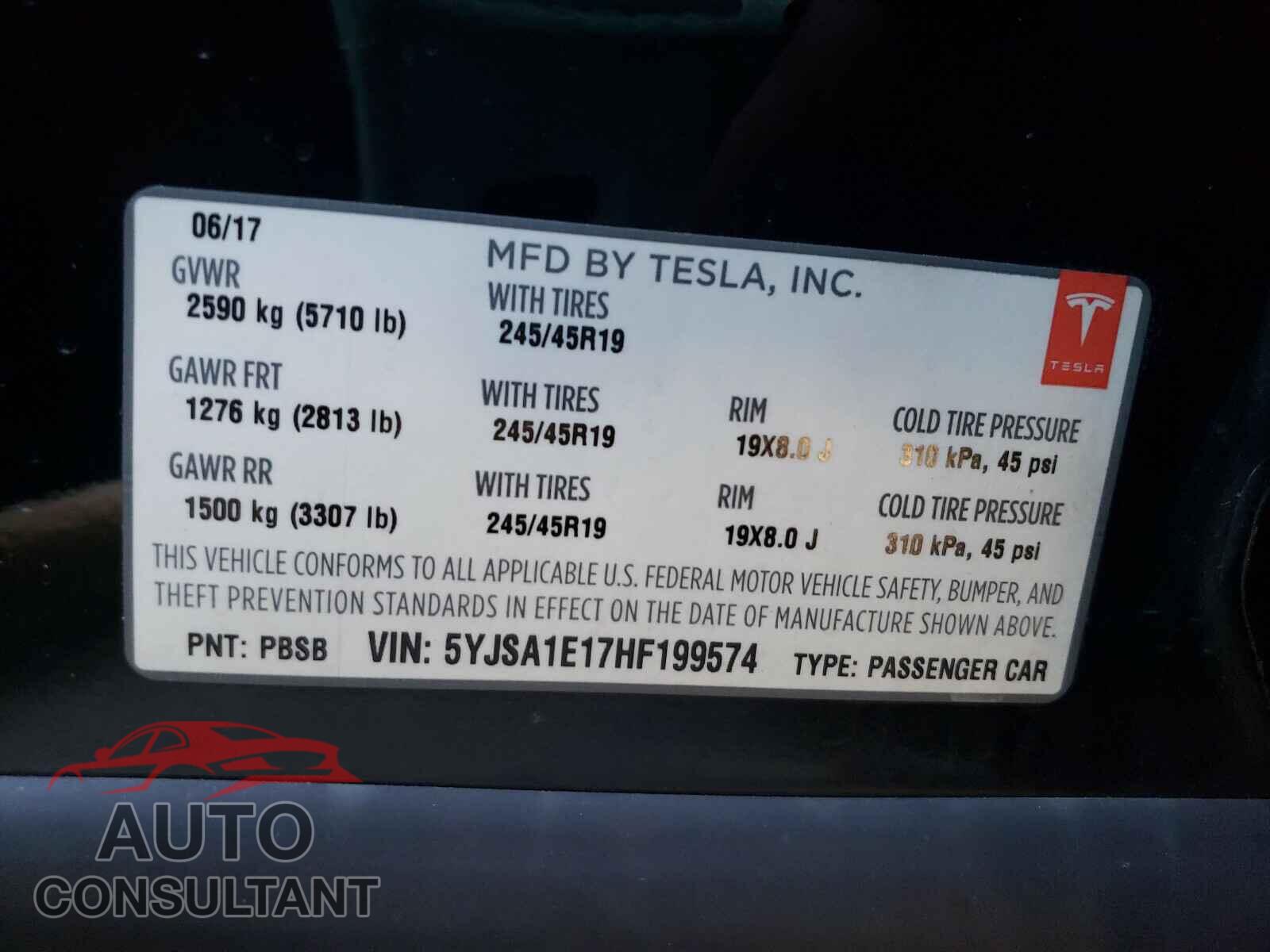 TESLA MODEL S 2017 - 5YJSA1E17HF199574
