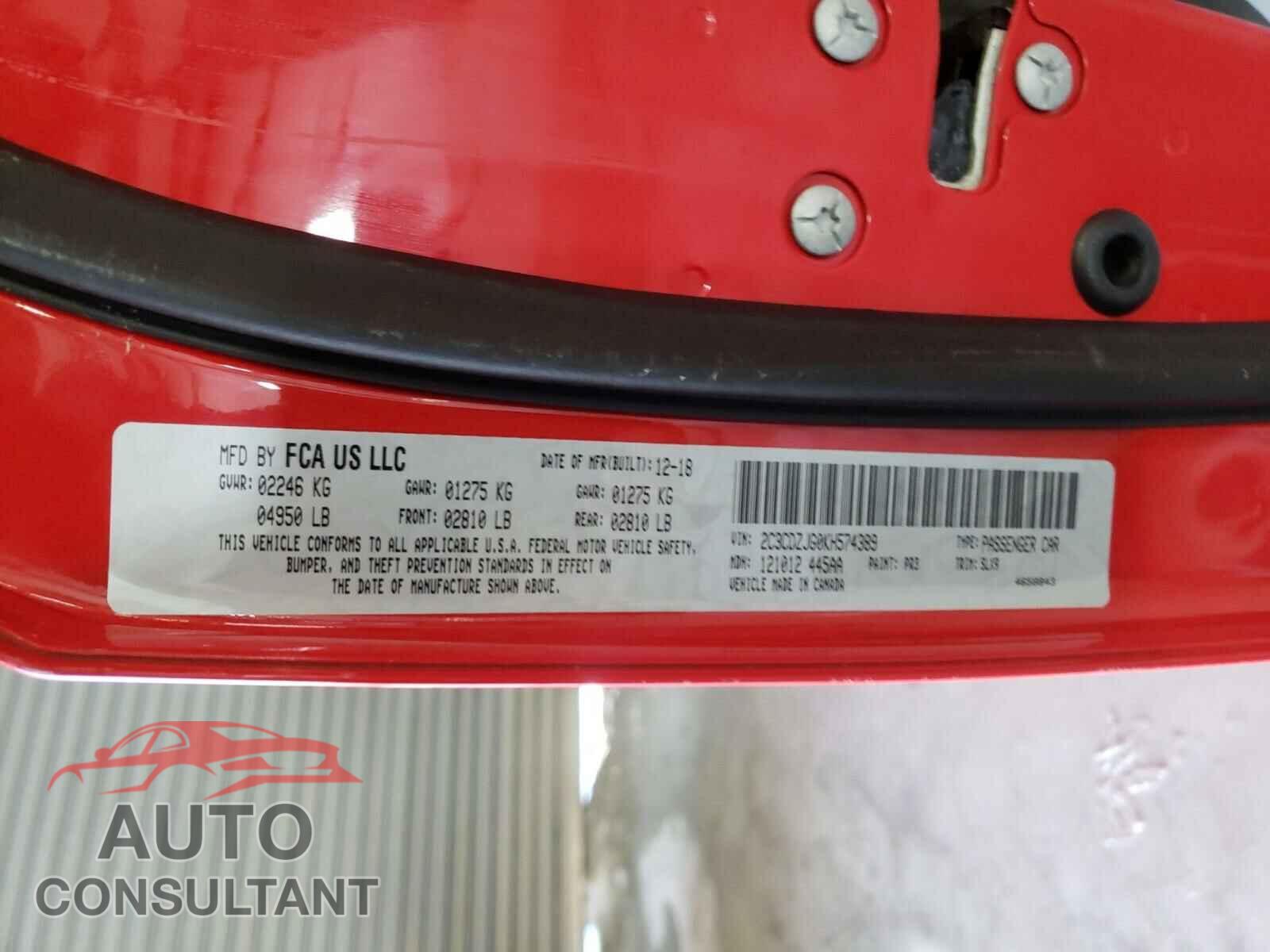 DODGE CHALLENGER 2019 - 2C3CDZJG0KH574389
