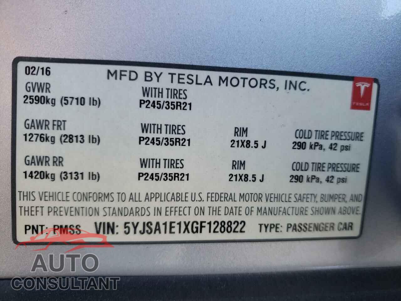 TESLA MODEL S 2016 - 5YJSA1E1XGF128822