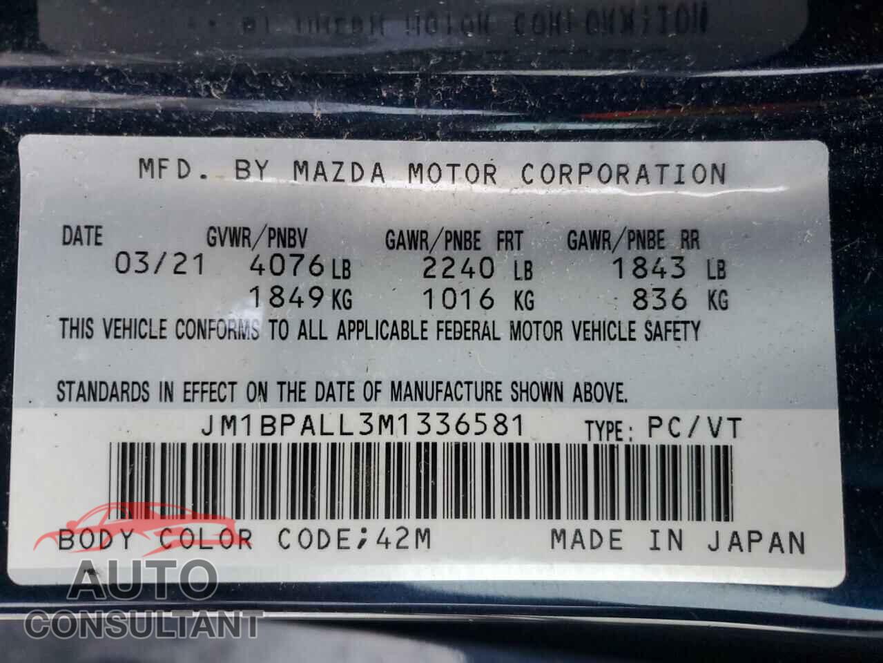 MAZDA 3 2021 - JM1BPALL3M1336581