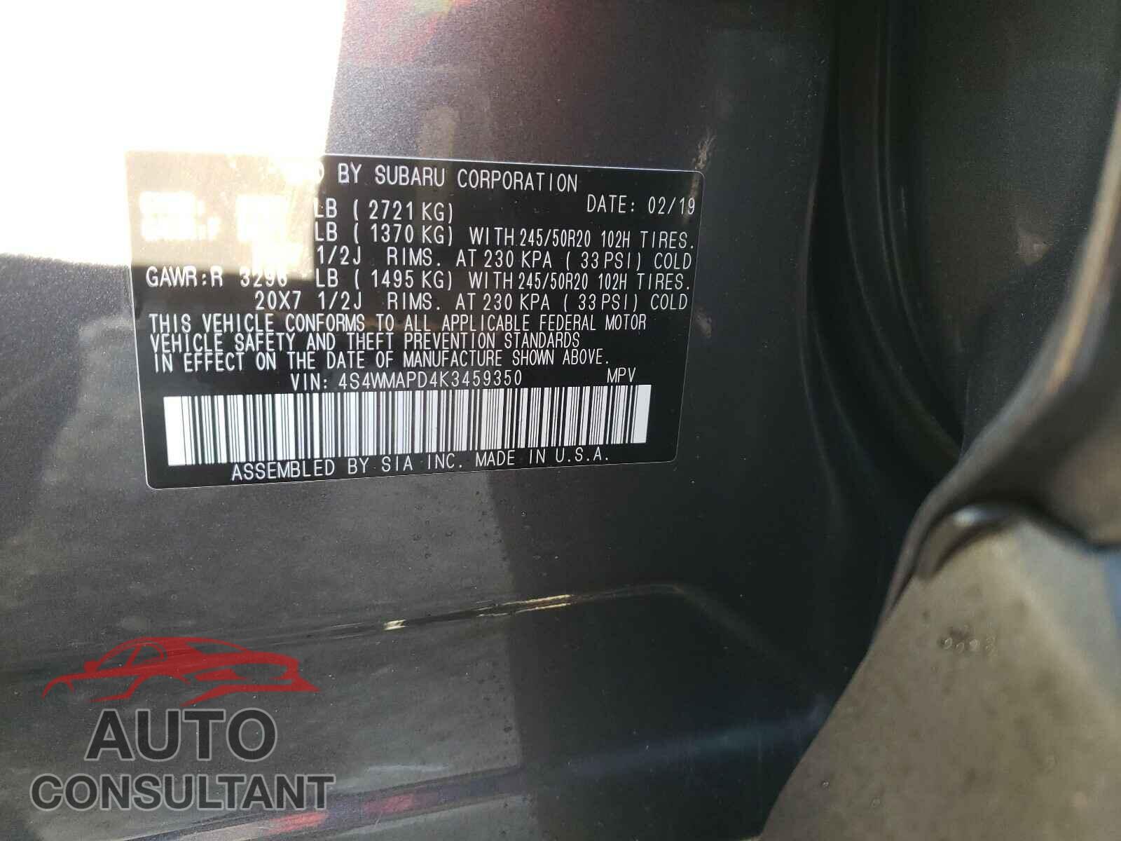 SUBARU ASCENT 2019 - 4S4WMAPD4K3459350