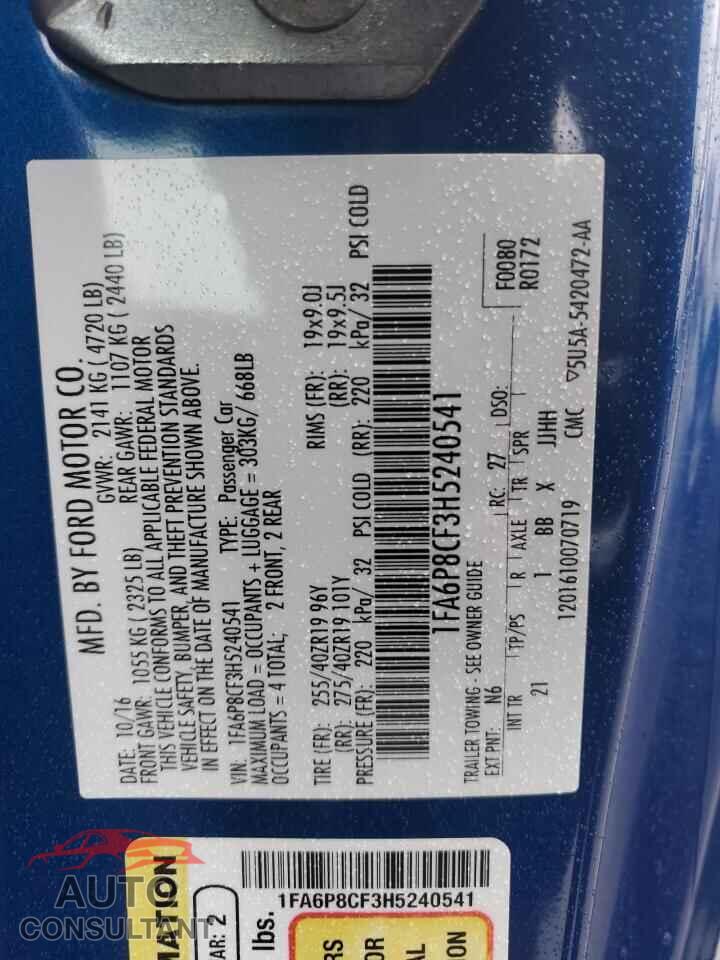 FORD MUSTANG 2017 - 1FA6P8CF3H5240541