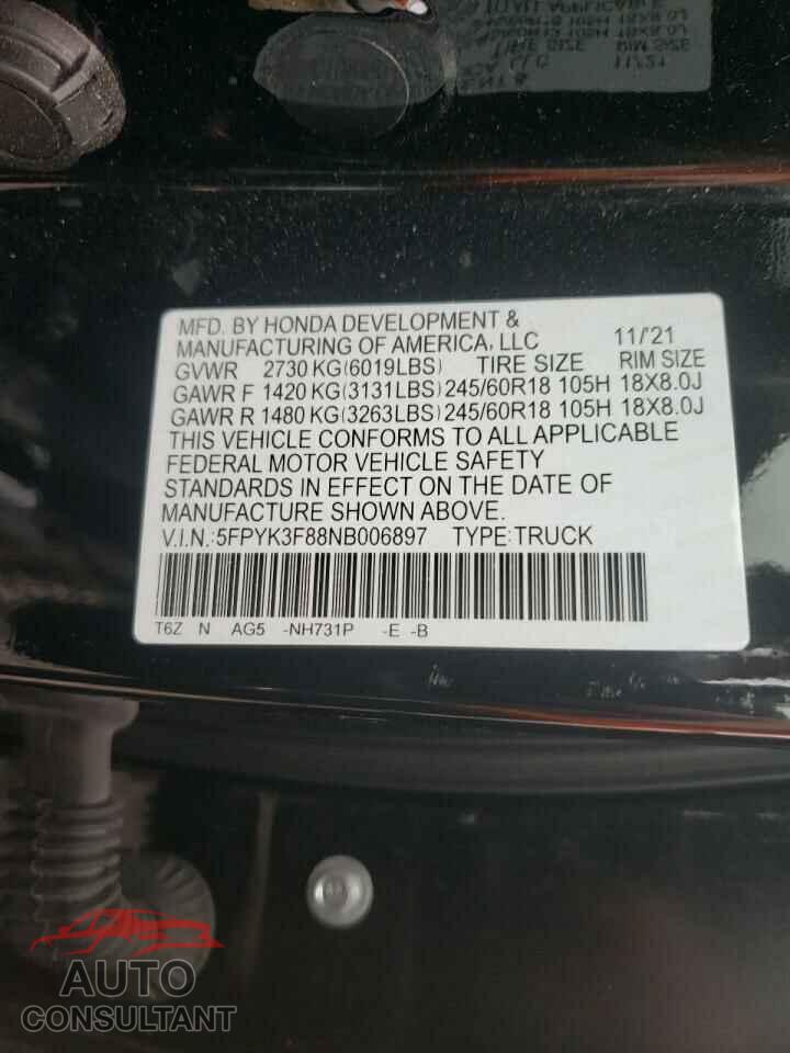 HONDA RIDGELINE 2022 - 5FPYK3F88NB006897