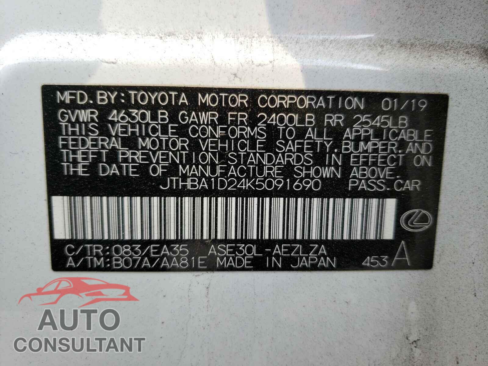 LEXUS IS 2019 - JTHBA1D24K5091690
