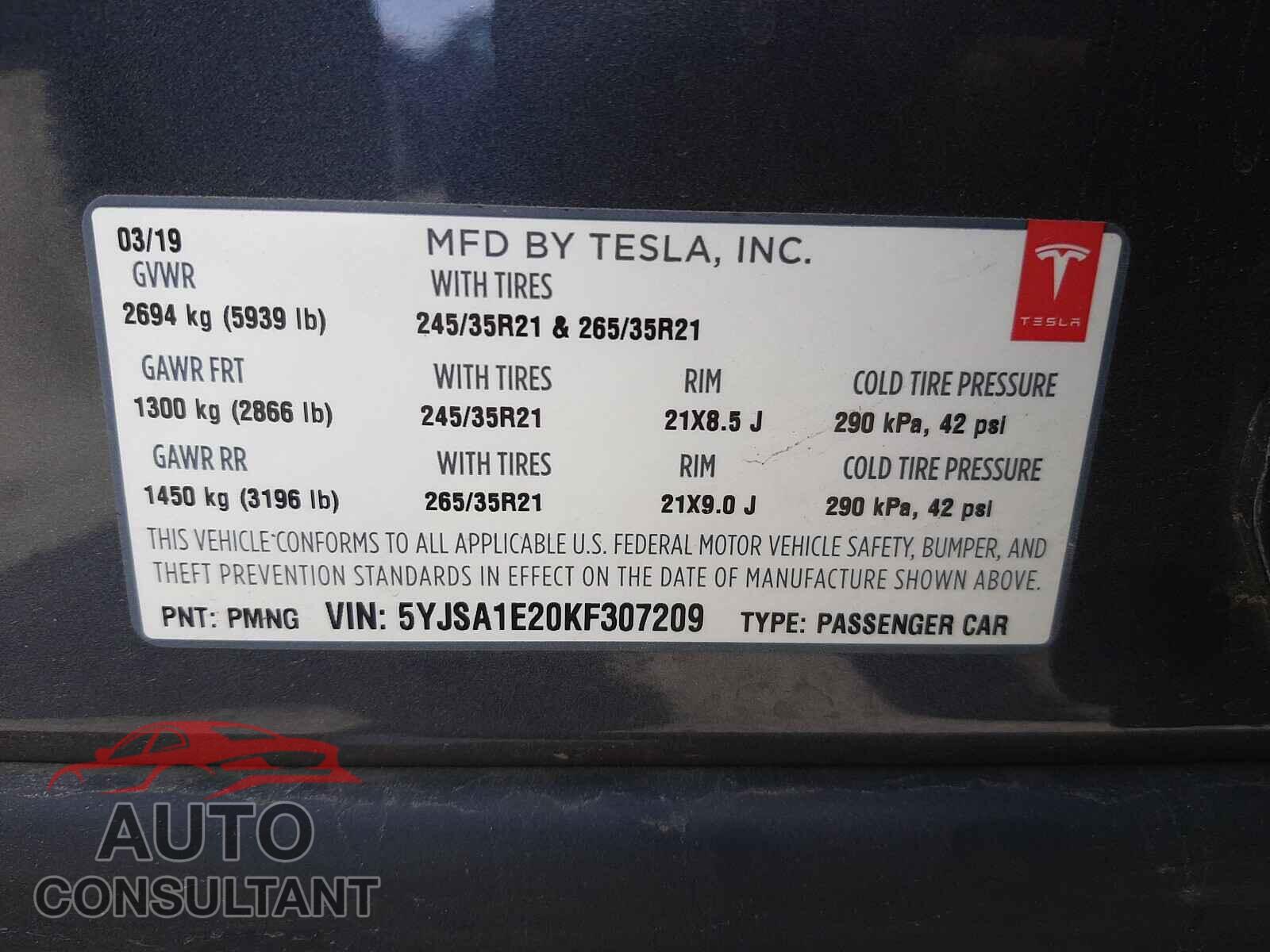 TESLA MODEL S 2019 - 5YJSA1E20KF307209