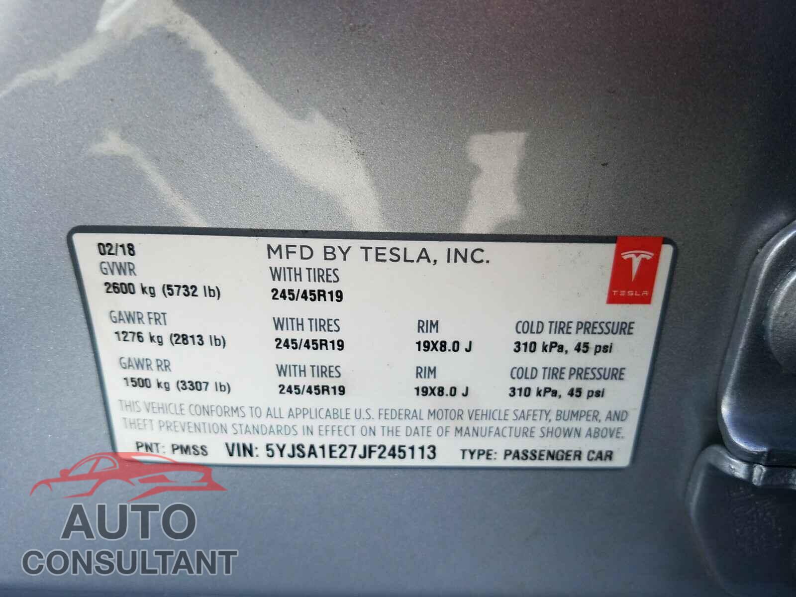 TESLA MODEL S 2018 - 5YJSA1E27JF245113