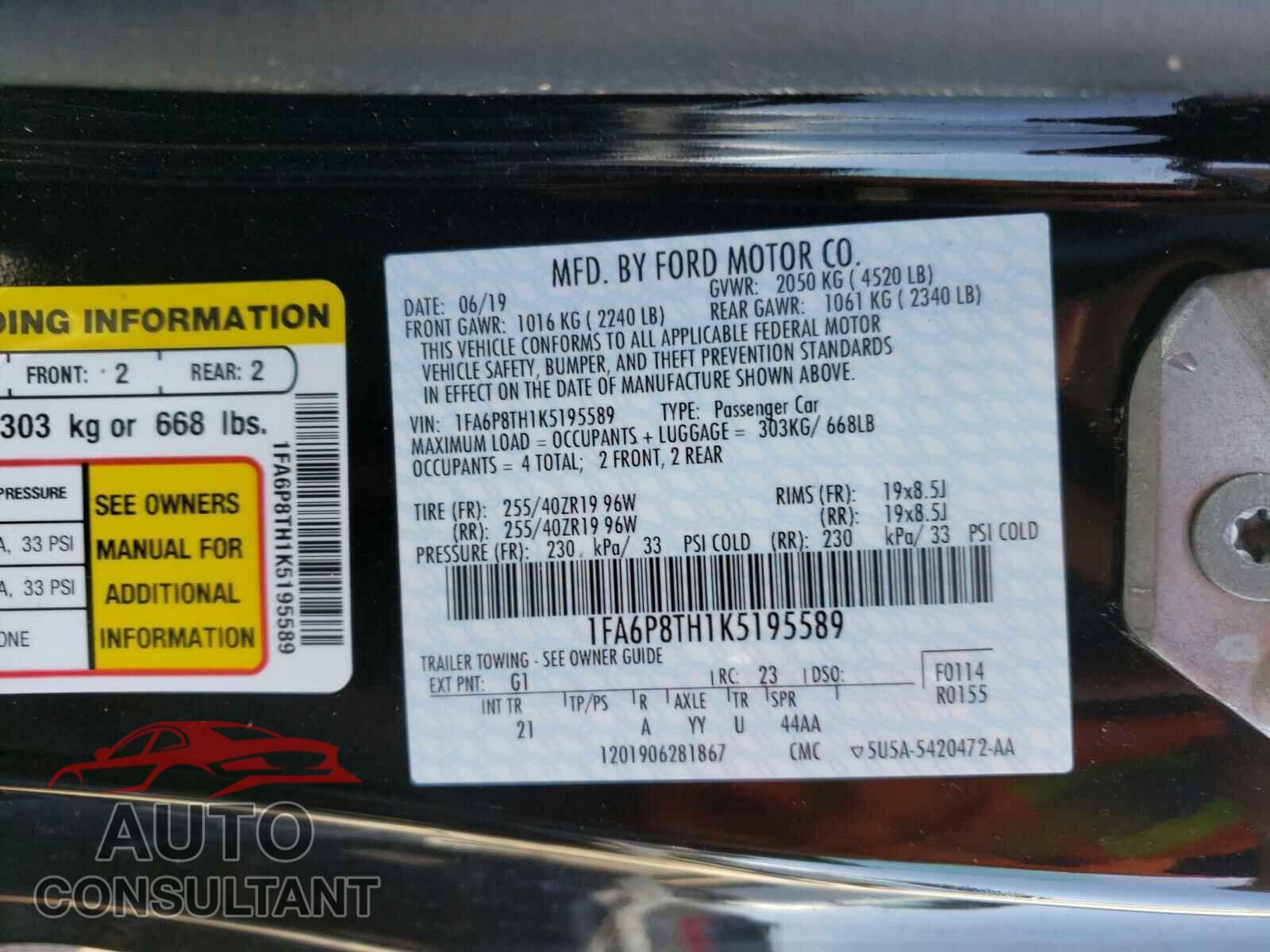 FORD MUSTANG 2019 - 1FA6P8TH1K5195589