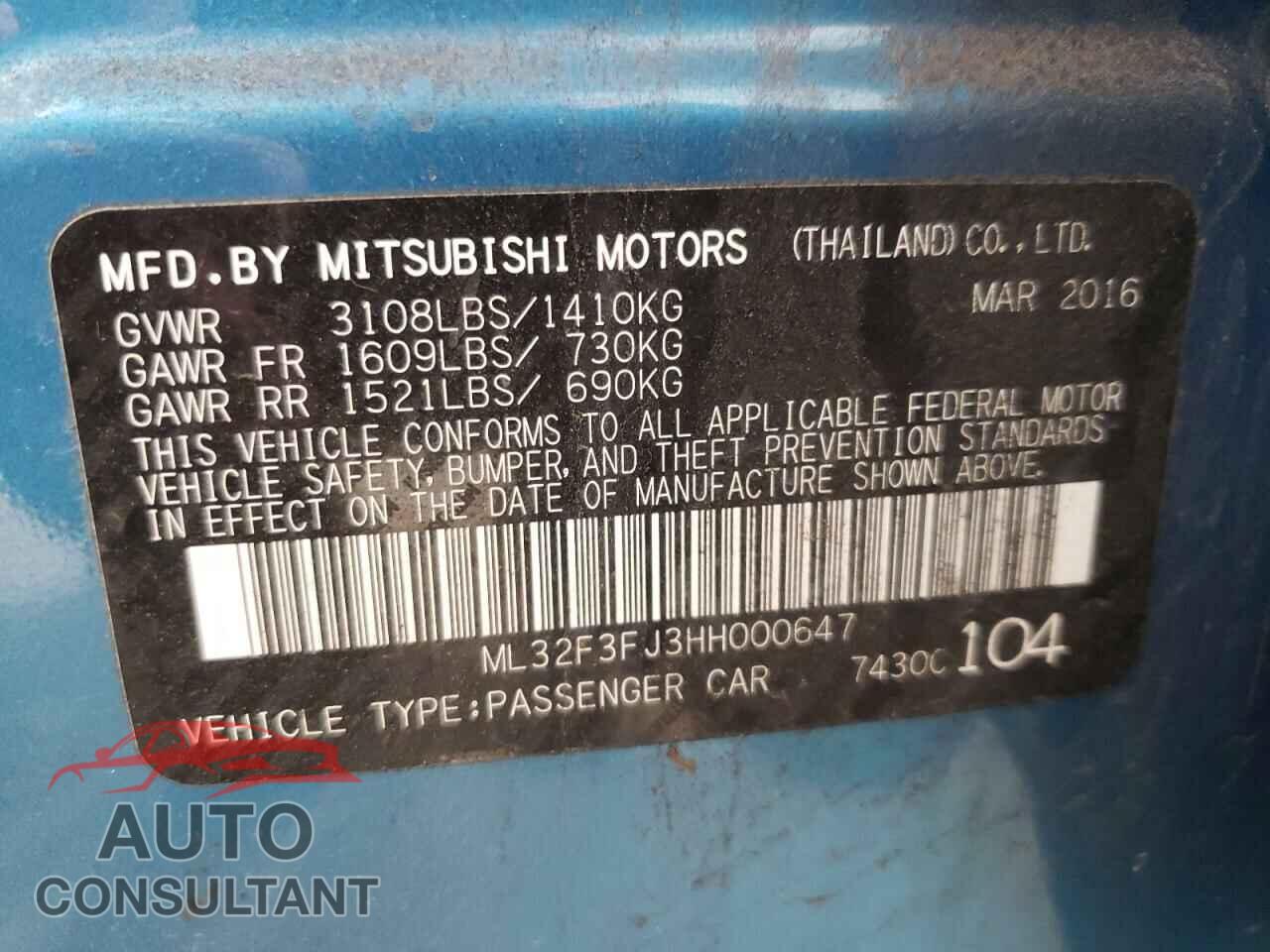 MITSUBISHI MIRAGE 2017 - ML32F3FJ3HH000647