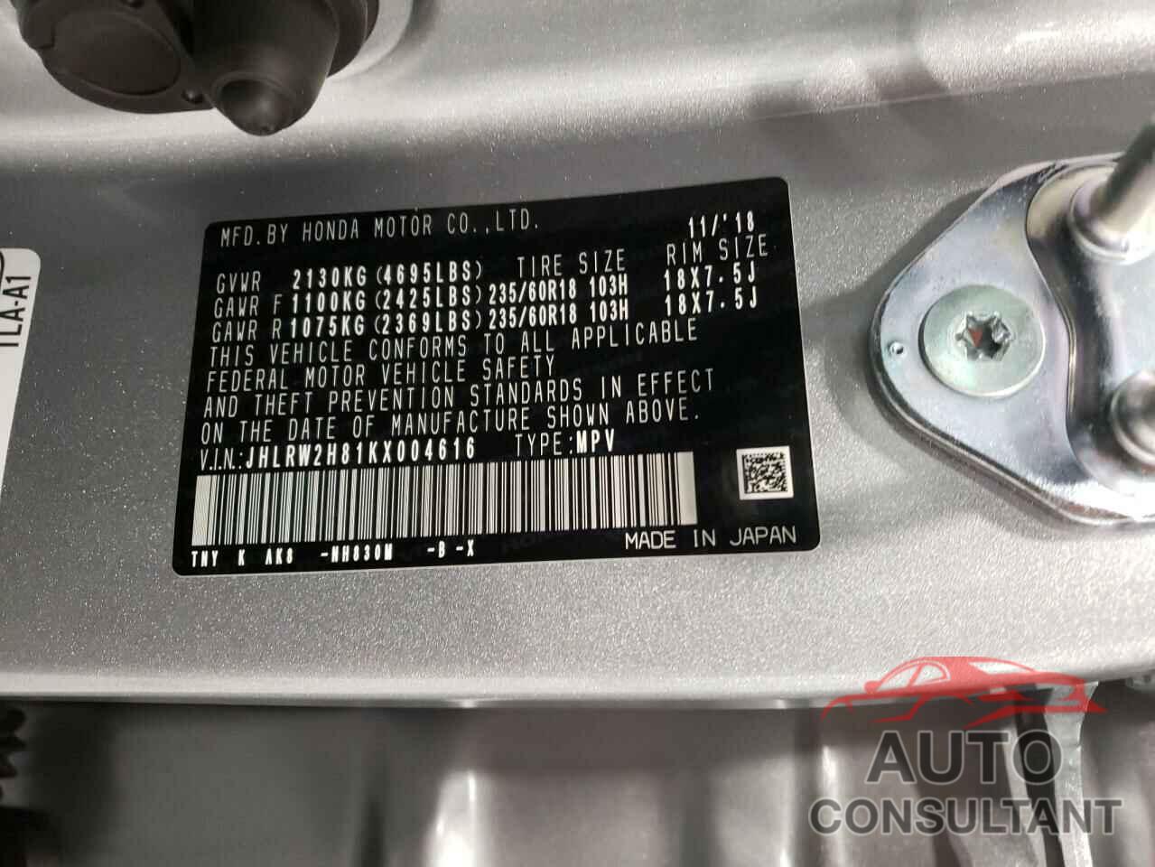 HONDA CRV 2019 - JHLRW2H81KX004616