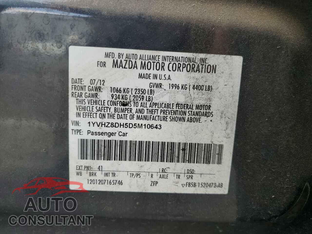 MAZDA 6 2013 - 1YVHZ8DH5D5M10643