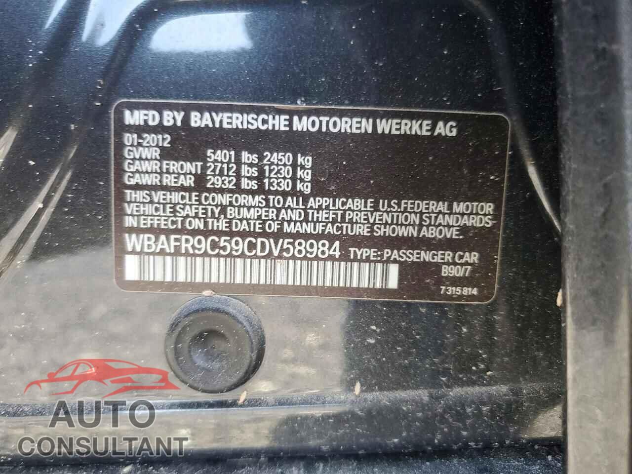 BMW 5 SERIES 2012 - WBAFR9C59CDV58984