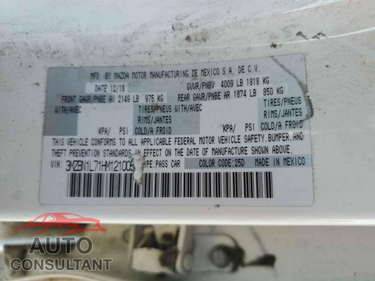 MAZDA 3 2017 - 3MZBN1L71HM121005