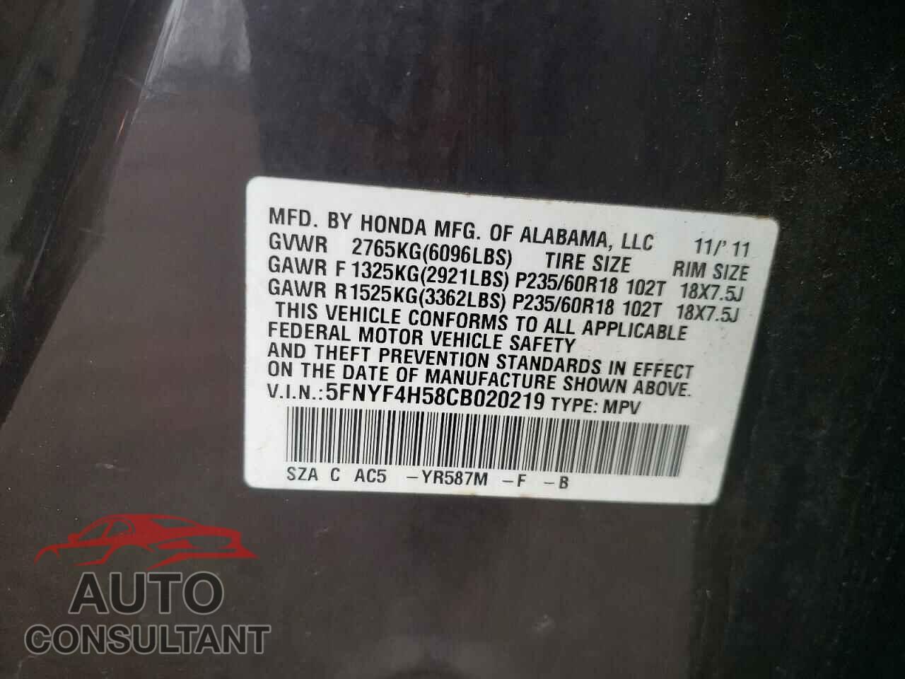 HONDA PILOT 2012 - 5FNYF4H58CB020219